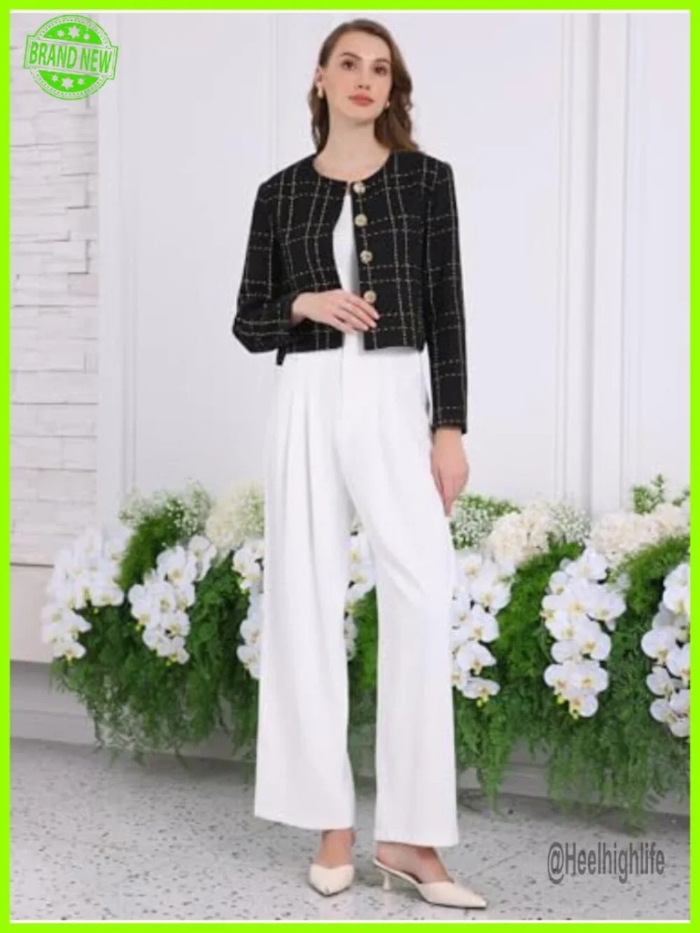 Womens Collarless Blazer Plaid Button Front Crop Tweed Jacket